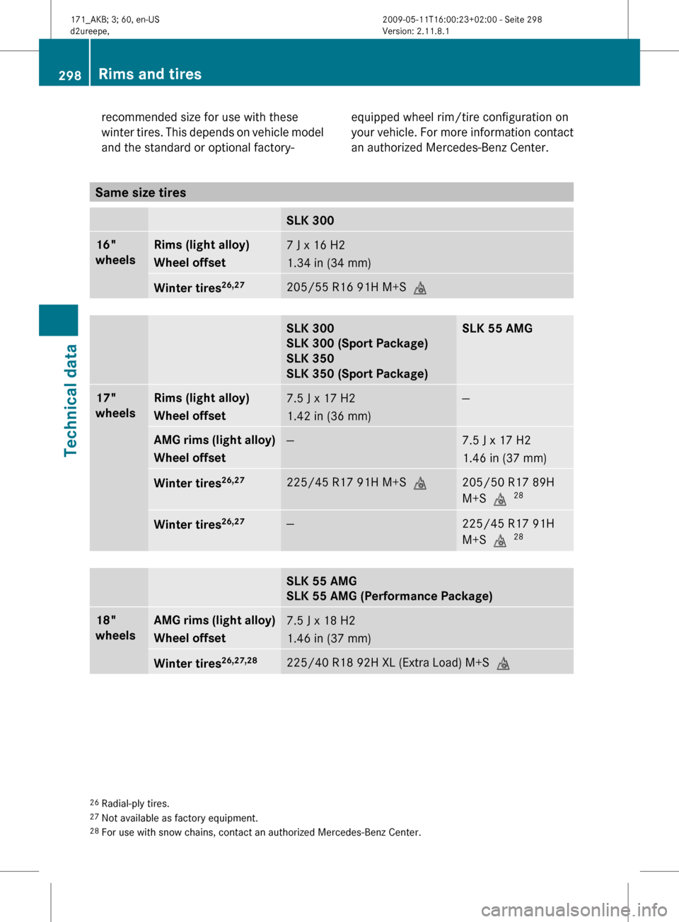MERCEDES-BENZ SLK55AMG 2011 R170 Owners Manual recommended size for use with these
winter 
tires. This depends on vehicle model
and the standard or optional factory- equipped wheel rim/tire configuration on
your 
vehicle. For more information cont