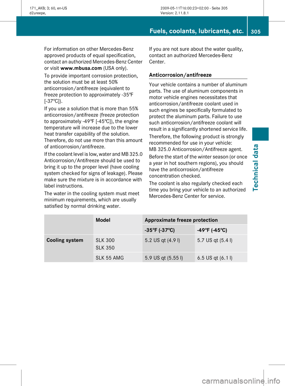 MERCEDES-BENZ SLK55AMG 2011 R170 Owners Manual For information on other Mercedes-Benz
approved products of equal specification,
contact
an authorized Mercedes-Benz Center
or visit www.mbusa.com (USA only).
To provide important corrosion protectio MERCEDES-BENZ SLK55AMG 2011 R170 Owners Manual For information on other Mercedes-Benz
approved products of equal specification,
contact
an authorized Mercedes-Benz Center
or visit www.mbusa.com (USA only).
To provide important corrosion protectio