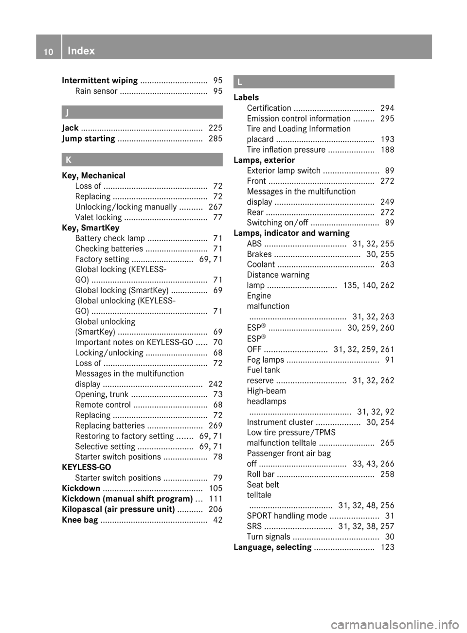 MERCEDES-BENZ SL63AMG 2011 R230 Owners Manual Intermittent wiping ............................. 95
Rain sensor  ...................................... 95
J
Jack  ..................................................... 225
Jump starting  ...........