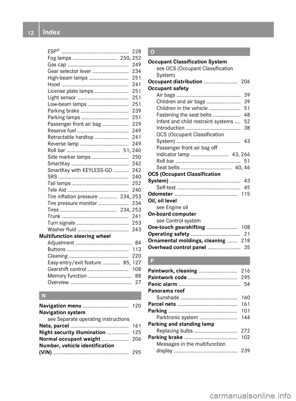 MERCEDES-BENZ SL65AMG 2011 R230 Owners Manual ESP®
 .............................................. 228
Fog lamps  .............................. 250, 252
Gas cap .......................................... 249
Gear selector lever  ...............