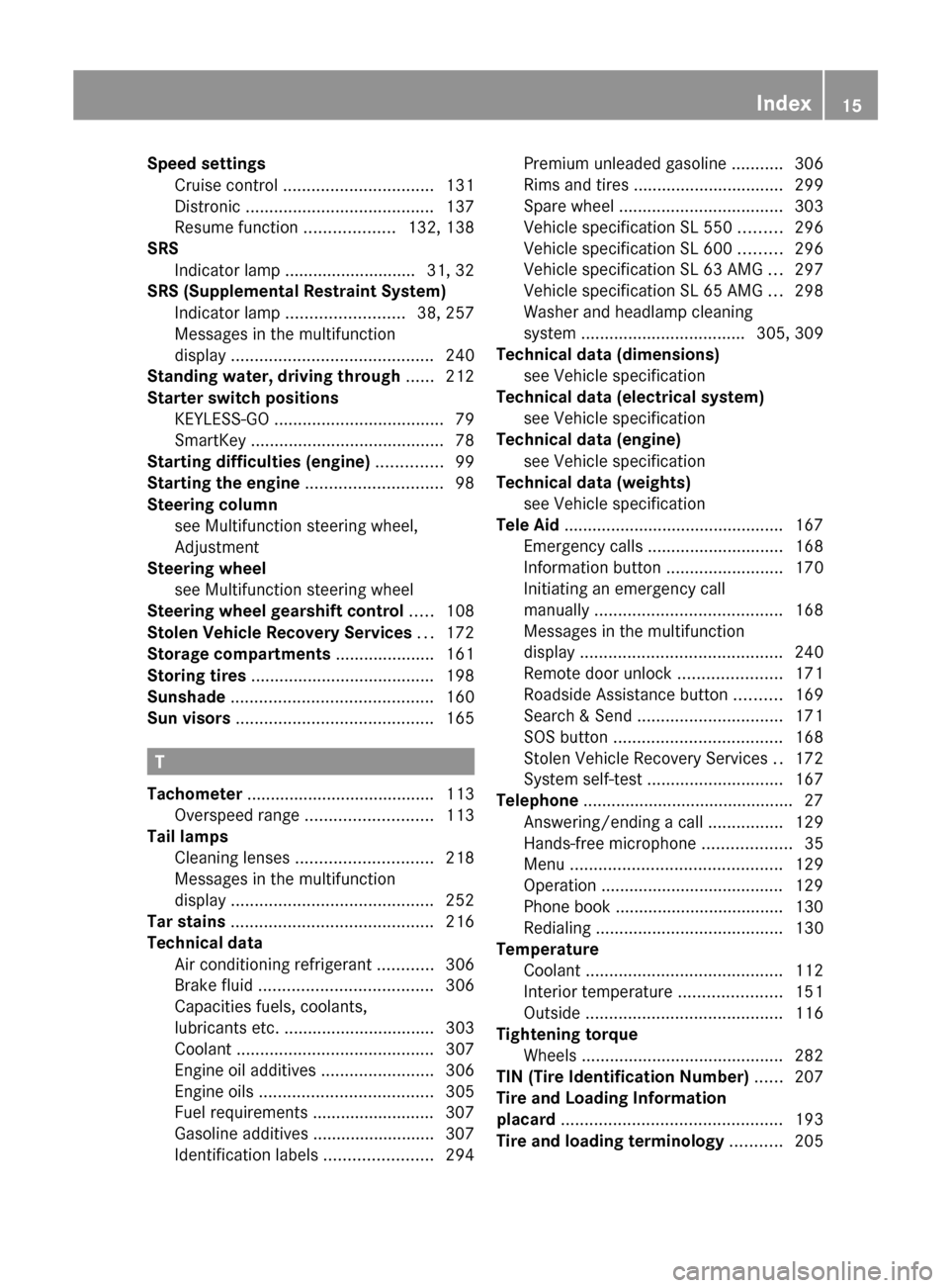 MERCEDES-BENZ SL63AMG 2011 R230 User Guide Speed settings
Cruise control ................................ 131
Distronic ........................................ 137
Resume function ...................132, 138
SRS
Indicator lamp ......... MERCEDES-BENZ SL63AMG 2011 R230 User Guide Speed settings
Cruise control ................................ 131
Distronic ........................................ 137
Resume function ...................132, 138
SRS
Indicator lamp .........