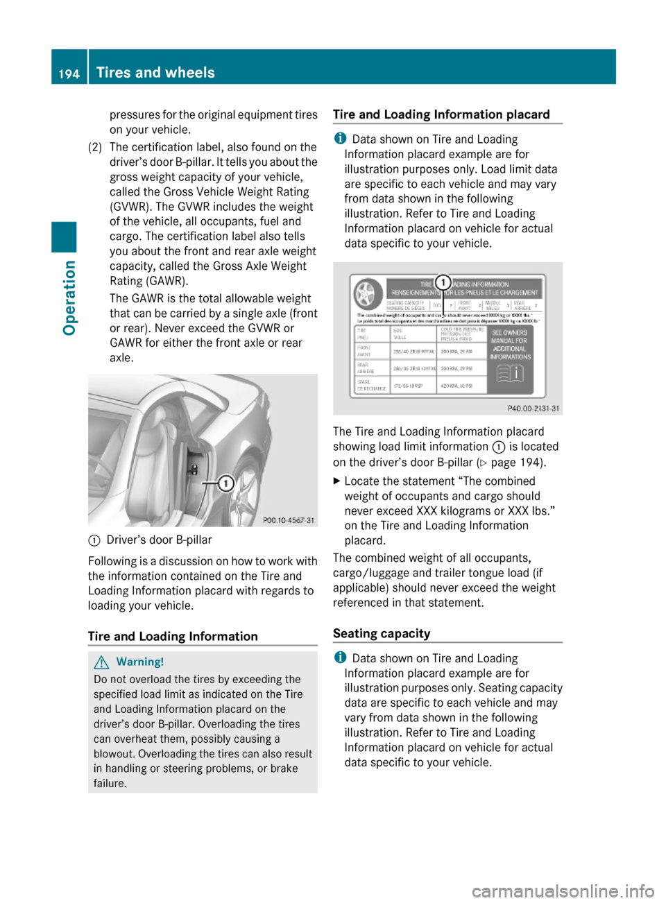 MERCEDES-BENZ SL63AMG 2011 R230 Owners Manual pressures for the original equipment tires
on your vehicle.
(2)The certification label, also found on the
driver’s door B-pillar. It tells you about the
gross weight capacity of your vehicle,
called