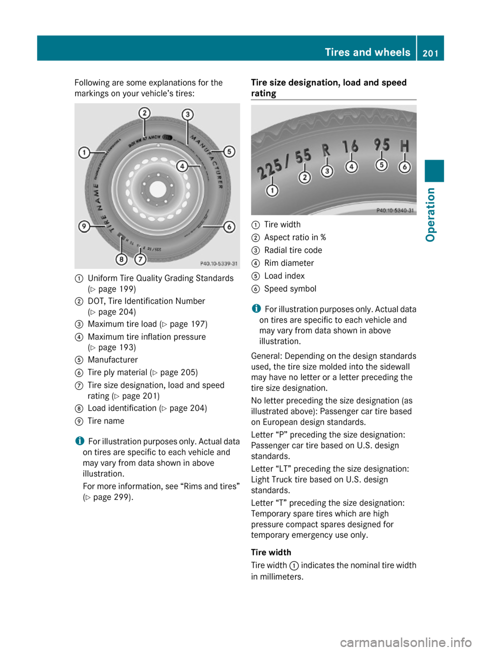MERCEDES-BENZ SL63AMG 2011 R230 Owners Manual Following are some explanations for the
markings on your vehicle’s tires::Uniform Tire Quality Grading Standards
(Y page 199)
;DOT, Tire Identification Number
(Y page 204)
=Maximum tire load (Y page MERCEDES-BENZ SL63AMG 2011 R230 Owners Manual Following are some explanations for the
markings on your vehicle’s tires::Uniform Tire Quality Grading Standards
(Y page 199)
;DOT, Tire Identification Number
(Y page 204)
=Maximum tire load (Y page