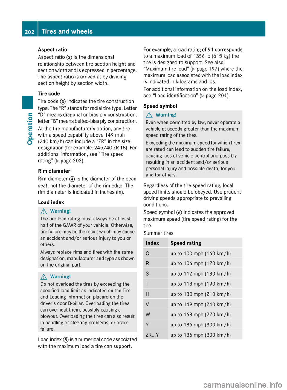 MERCEDES-BENZ SL63AMG 2011 R230 Owners Manual Aspect ratio
Aspect ratio ; is the dimensional
relationship between tire section height and
section width and is expressed in percentage.
The aspect ratio is arrived at by dividing
section height by MERCEDES-BENZ SL63AMG 2011 R230 Owners Manual Aspect ratio
Aspect ratio ; is the dimensional
relationship between tire section height and
section width and is expressed in percentage.
The aspect ratio is arrived at by dividing
section height by