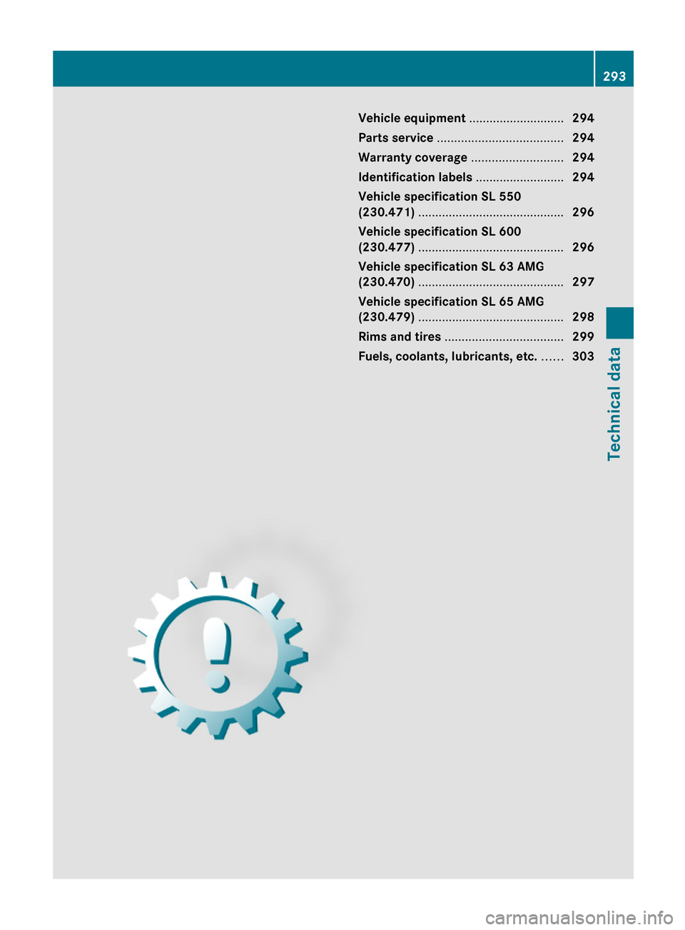 MERCEDES-BENZ SL500 2011 R230 Owners Manual Vehicle equipment ............................294
Parts service .....................................294
Warranty coverage ...........................294
Identification labels ........................