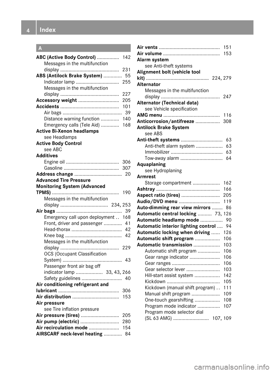 MERCEDES-BENZ SL600 2011 R230 Owners Manual A
ABC (Active Body Control)  ................ 142
Messages in the multifunction
display  ........................................... 231
ABS (Antilock Brake System)  ............. 55
Indicator lamp ..