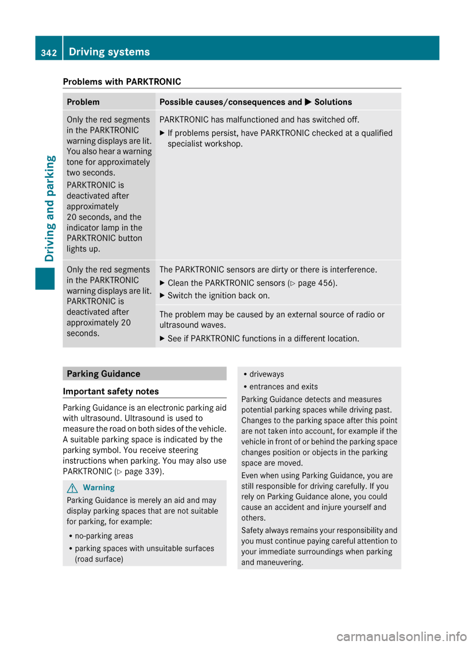 MERCEDES-BENZ S-Class 2011 W221 Owners Manual Problems with PARKTRONICProblemPossible causes/consequences and M SolutionsOnly the red segments
in the PARKTRONIC
warning displays are lit.
You also hear a warning
tone for approximately
two seconds.