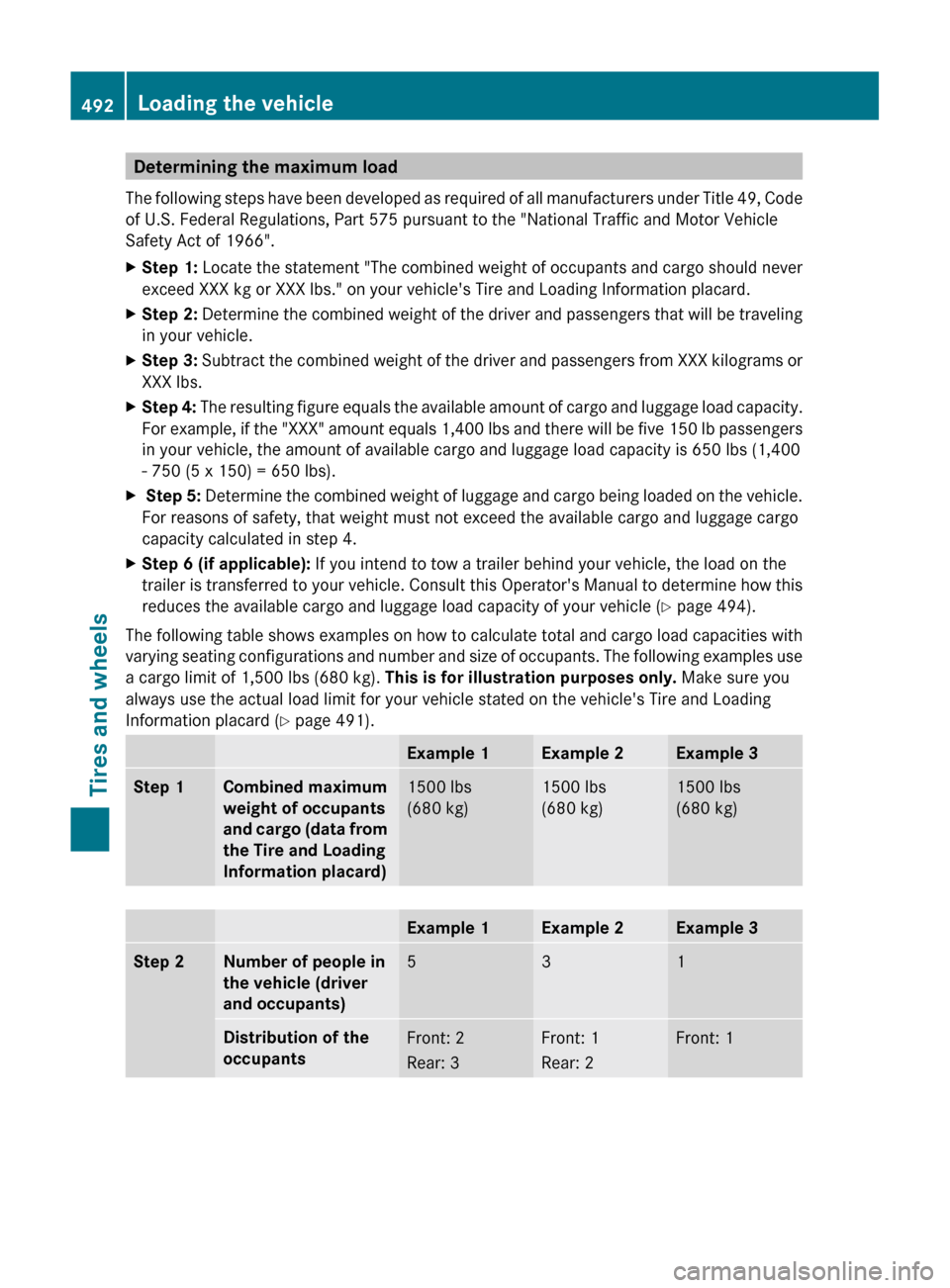 MERCEDES-BENZ S-Class 2011 W221 Owners Manual Determining the maximum load
The following steps have been developed as required of all manufacturers under Title 49, Code
of U.S. Federal Regulations, Part 575 pursuant to the "National Traffic and M MERCEDES-BENZ S-Class 2011 W221 Owners Manual Determining the maximum load
The following steps have been developed as required of all manufacturers under Title 49, Code
of U.S. Federal Regulations, Part 575 pursuant to the "National Traffic and M