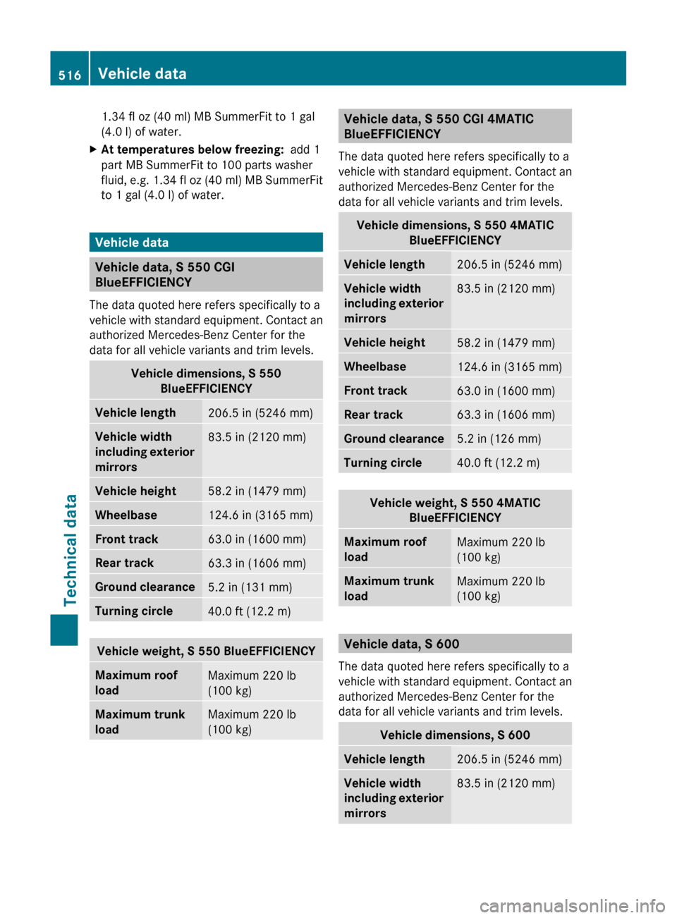 MERCEDES-BENZ S-Class 2011 W221 Owners Manual 1.34 fl oz (40 ml) MB SummerFit to 1 gal
(4.0 l) of water.XAt temperatures below freezing:   add 1
part MB SummerFit to 100 parts washer
fluid, e.g. 1.34 fl oz (40 ml) MB SummerFit
to 1 gal (4.0 l) of