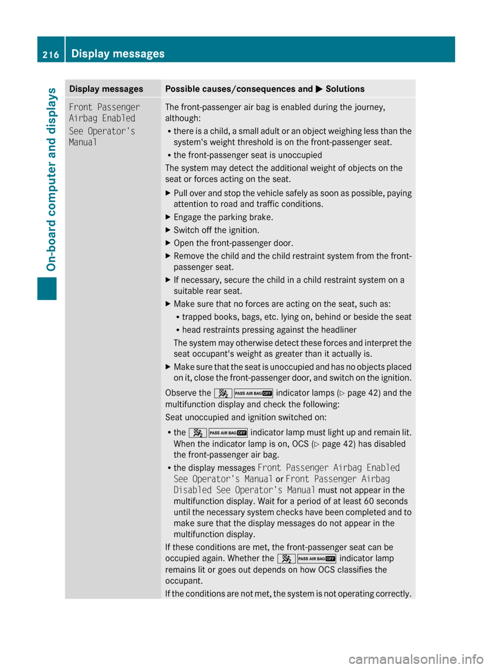 MERCEDES-BENZ R-Class 2011 W251 Owners Manual Display messagesPossible causes/consequences and M SolutionsFront Passenger 
Airbag Enabled
See Operators 
ManualThe front-passenger air bag is enabled during the journey,
although:
R there is a chil