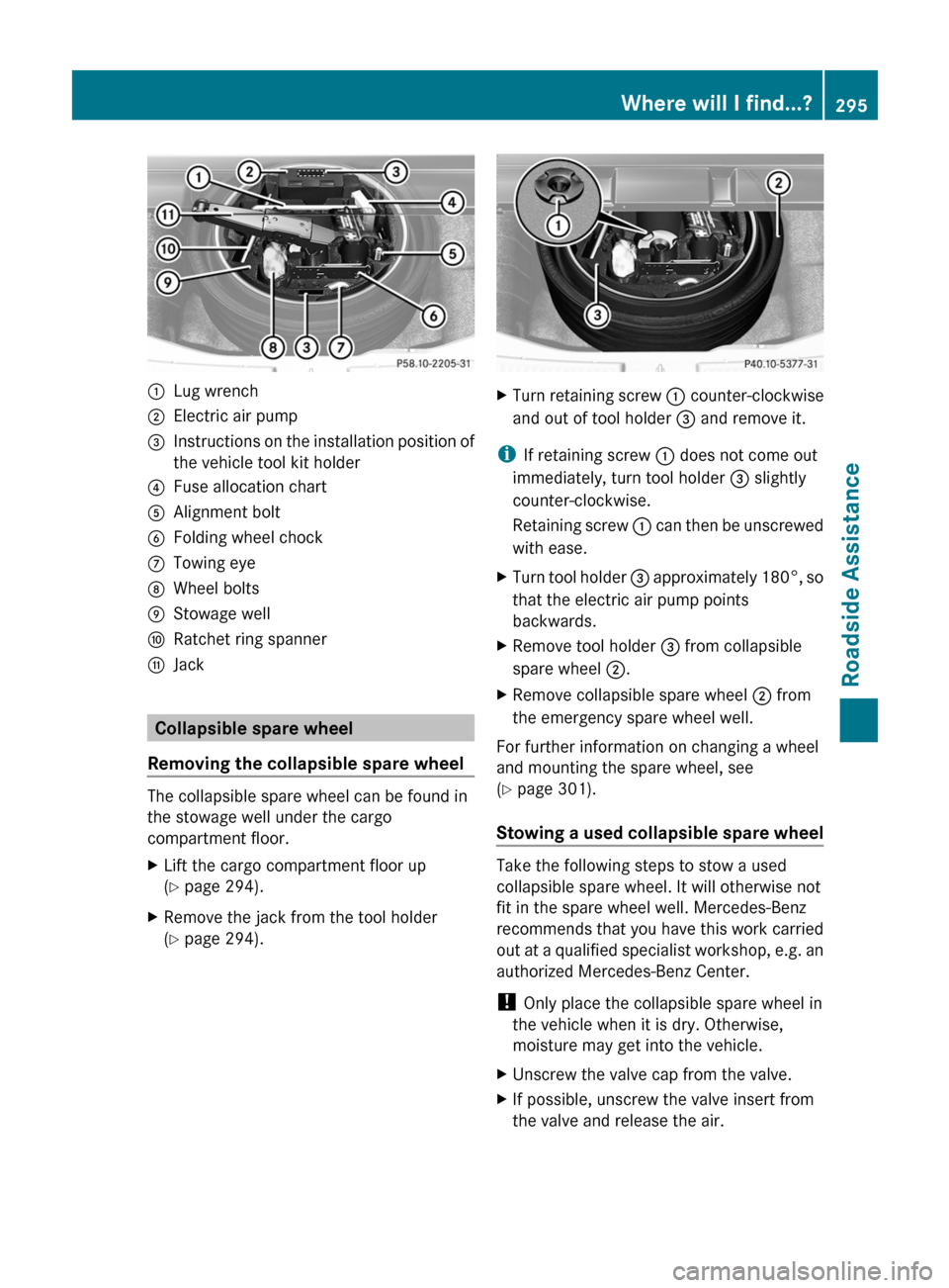 MERCEDES-BENZ R-Class 2011 W251 Owners Manual :Lug wrench;Electric air pump=Instructions on the installation position of
the vehicle tool kit holder?Fuse allocation chartAAlignment boltBFolding wheel chockCTowing eyeDWheel boltsEStowage wellFRatc