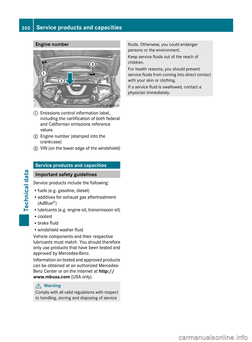 MERCEDES-BENZ R-Class 2011 W251 Owners Guide Engine number:Emissions control information label,
including the certification of both federal
and Californian emissions reference
values;Engine number (stamped into the
crankcase)=VIN (on the lower e