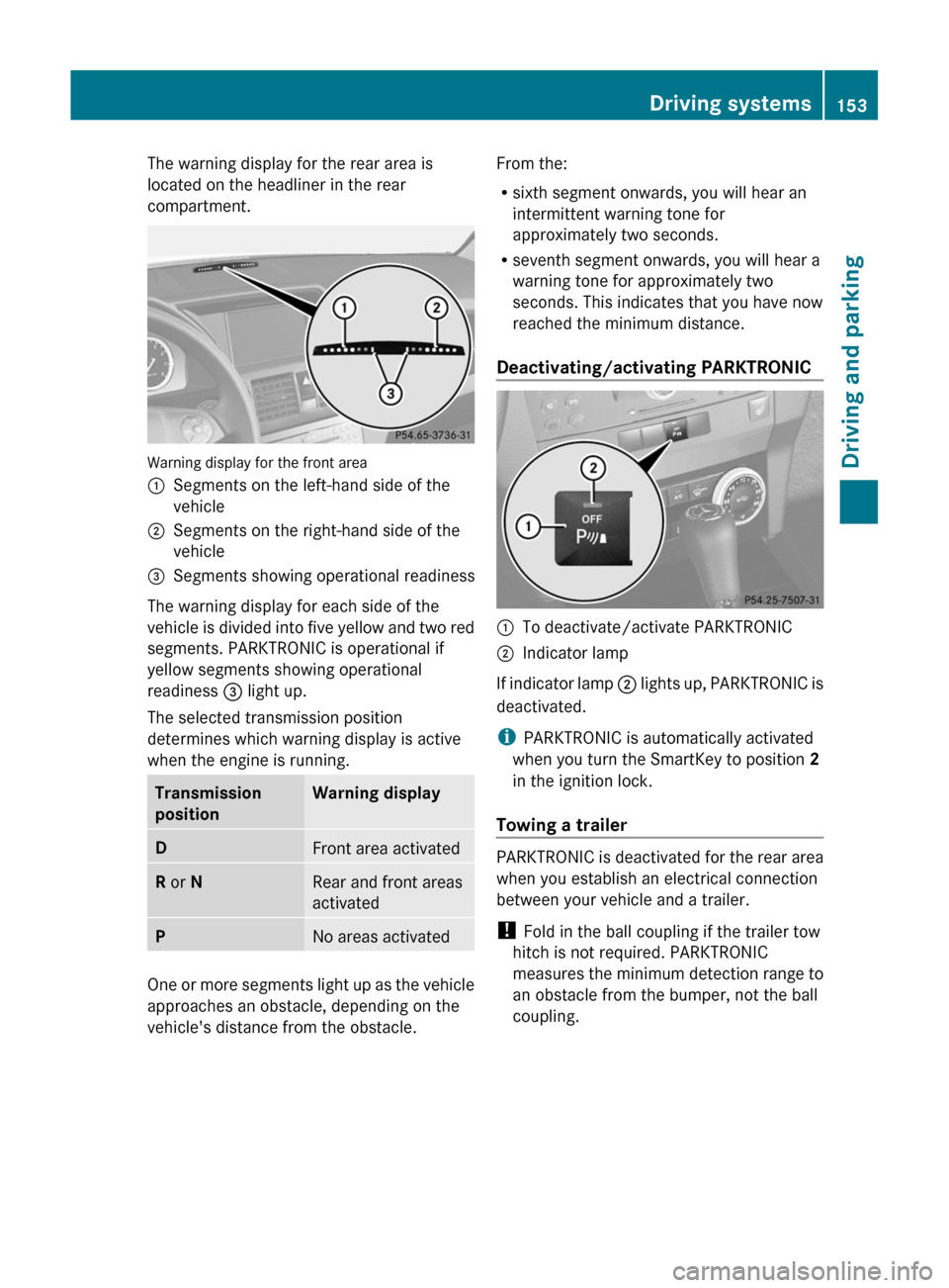 MERCEDES-BENZ GLK-Class 2011 X204 Owners Manual The warning display for the rear area is
located on the headliner in the rear
compartment.
Warning display for the front area
:Segments on the left-hand side of the
vehicle;Segments on the right-hand 
