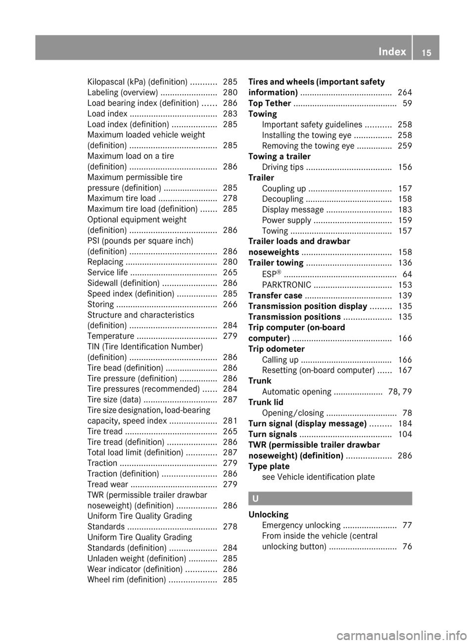 MERCEDES-BENZ GLK-Class 2011 X204 Owners Manual Kilopascal (kPa) (definition) ...........285
Labeling (overview)  ........................280
Load bearing index (definition)  ......286
Load index  ..................................... 283
Load inde
