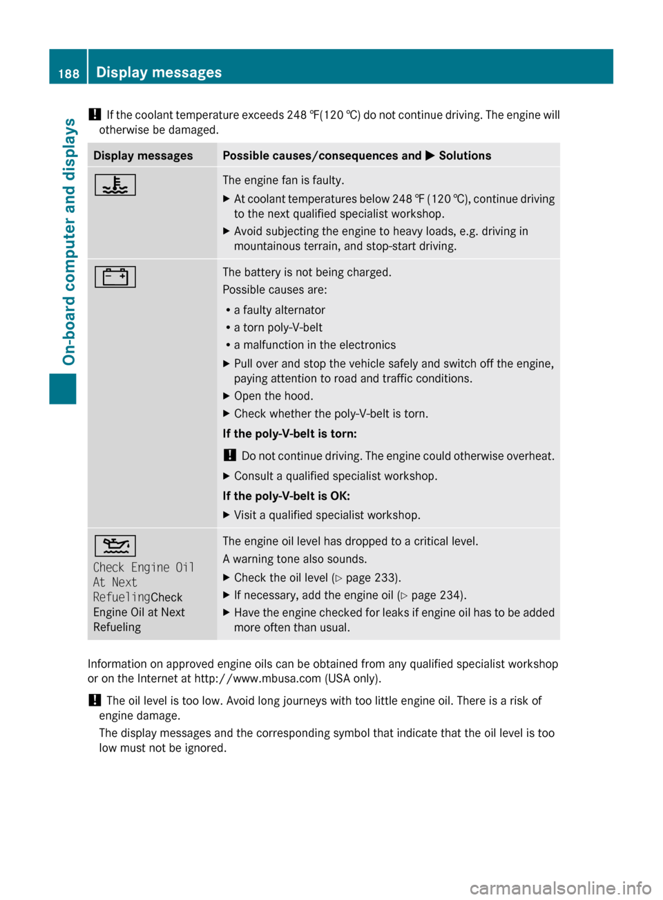 MERCEDES-BENZ GLK-Class 2011 X204 Owners Manual ! If the coolant temperature exceeds 248  ‡(120  †) do not continue driving. The engine will
otherwise be damaged.Display messagesPossible causes/consequences and  M Solutions?The engine fan is fa