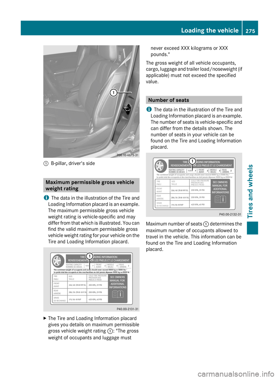 MERCEDES-BENZ GLK-Class 2011 X204 Owners Manual :B-pillar, drivers side
Maximum permissible gross vehicle
weight rating
i The data in the illustration of the Tire and
Loading Information placard is an example.
The maximum permissible gross vehicle MERCEDES-BENZ GLK-Class 2011 X204 Owners Manual :B-pillar, drivers side
Maximum permissible gross vehicle
weight rating
i The data in the illustration of the Tire and
Loading Information placard is an example.
The maximum permissible gross vehicle