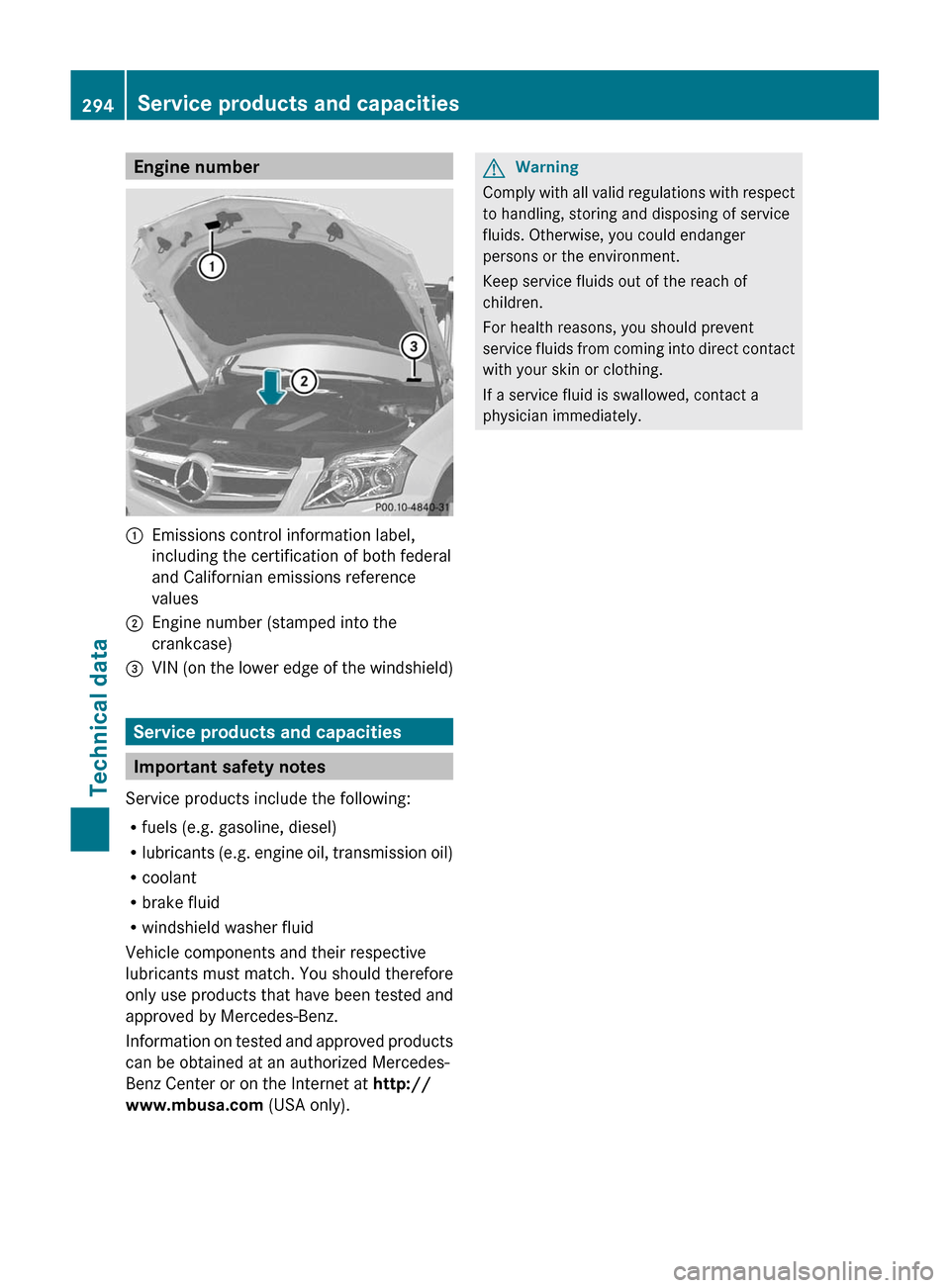 MERCEDES-BENZ GLK-Class 2011 X204 Owners Manual Engine number:Emissions control information label,
including the certification of both federal
and Californian emissions reference
values;Engine number (stamped into the
crankcase)=VIN (on the lower e MERCEDES-BENZ GLK-Class 2011 X204 Owners Manual Engine number:Emissions control information label,
including the certification of both federal
and Californian emissions reference
values;Engine number (stamped into the
crankcase)=VIN (on the lower e