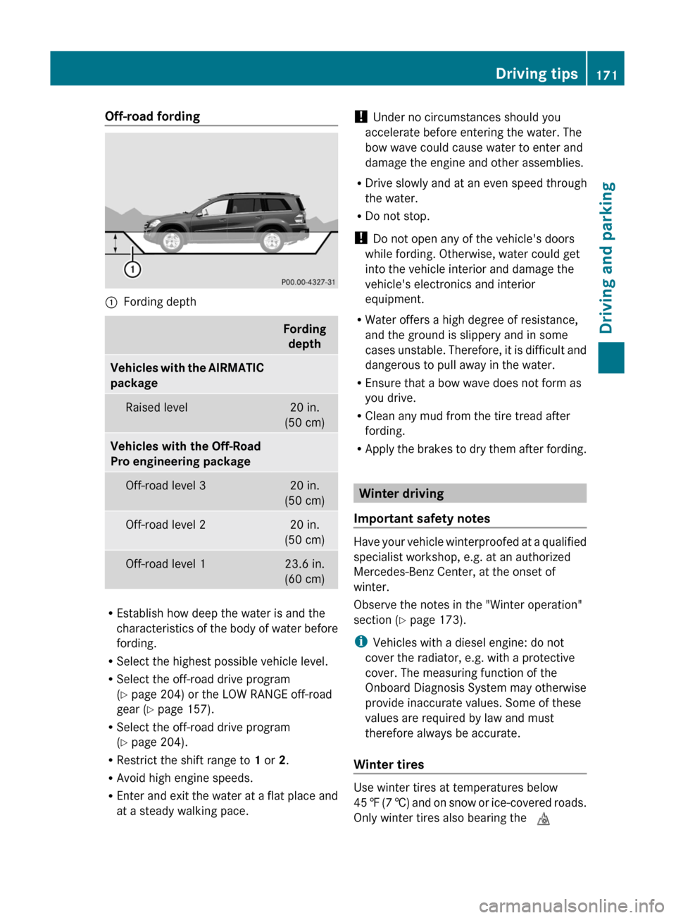 MERCEDES-BENZ GL350 BlueTEC 2011 X164 Owners Manual Off-road fording:Fording depthFordingdepthVehicles with the AIRMATIC
packageRaised level20 in.
(50 cm)Vehicles with the Off-Road
Pro engineering packageOff-road level 320 in.
(50 cm)Off-road level 2 MERCEDES-BENZ GL350 BlueTEC 2011 X164 Owners Manual Off-road fording:Fording depthFordingdepthVehicles with the AIRMATIC
packageRaised level20 in.
(50 cm)Vehicles with the Off-Road
Pro engineering packageOff-road level 320 in.
(50 cm)Off-road level 2