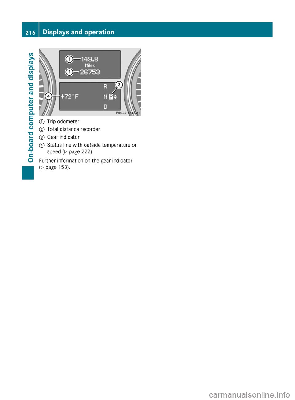 MERCEDES-BENZ GL350 BlueTEC 2011 X164 Owners Manual :Trip odometer;Total distance recorder=Gear indicator?Status line with outside temperature or
speed ( Y page 222)
Further information on the gear indicator
( Y page 153).
216Displays and operationOn- MERCEDES-BENZ GL350 BlueTEC 2011 X164 Owners Manual :Trip odometer;Total distance recorder=Gear indicator?Status line with outside temperature or
speed ( Y page 222)
Further information on the gear indicator
( Y page 153).
216Displays and operationOn-