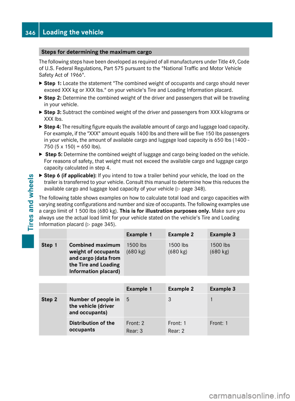 MERCEDES-BENZ GL350 BlueTEC 2011 X164 Owners Manual Steps for determining the maximum cargo
The following steps have been developed as required of all manufacturers under Title 49, Code
of U.S. Federal Regulations, Part 575 pursuant to the "National Tr MERCEDES-BENZ GL350 BlueTEC 2011 X164 Owners Manual Steps for determining the maximum cargo
The following steps have been developed as required of all manufacturers under Title 49, Code
of U.S. Federal Regulations, Part 575 pursuant to the "National Tr