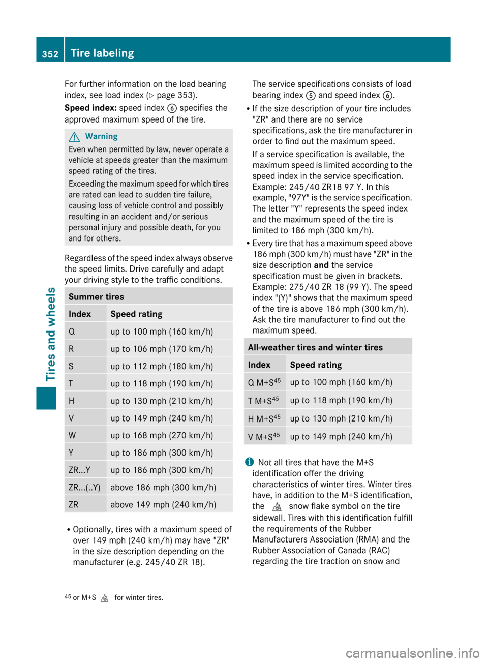 MERCEDES-BENZ GL350 BlueTEC 2011 X164 User Guide For further information on the load bearing
index, see load index ( Y page 353).
Speed index:  speed index B specifies the
approved maximum speed of the tire.GWarning
Even when permitted by law, never