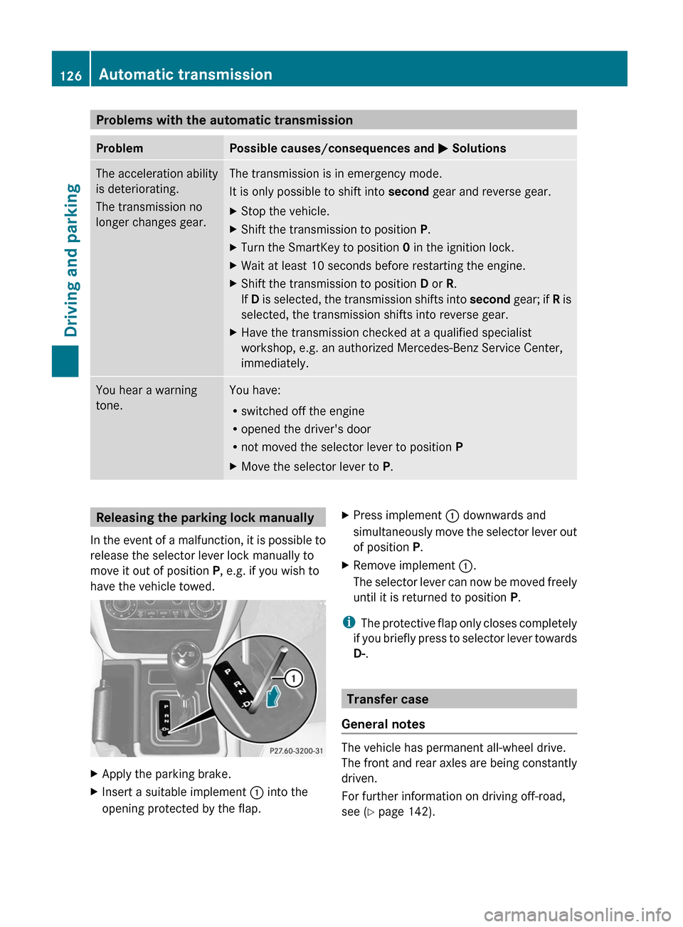 MERCEDES-BENZ G55AMG 2011 W463 Owners Manual Problems with the automatic transmissionProblemPossible causes/consequences and M SolutionsThe acceleration ability
is deteriorating.
The transmission no
longer changes gear.The transmission is in eme MERCEDES-BENZ G55AMG 2011 W463 Owners Manual Problems with the automatic transmissionProblemPossible causes/consequences and M SolutionsThe acceleration ability
is deteriorating.
The transmission no
longer changes gear.The transmission is in eme