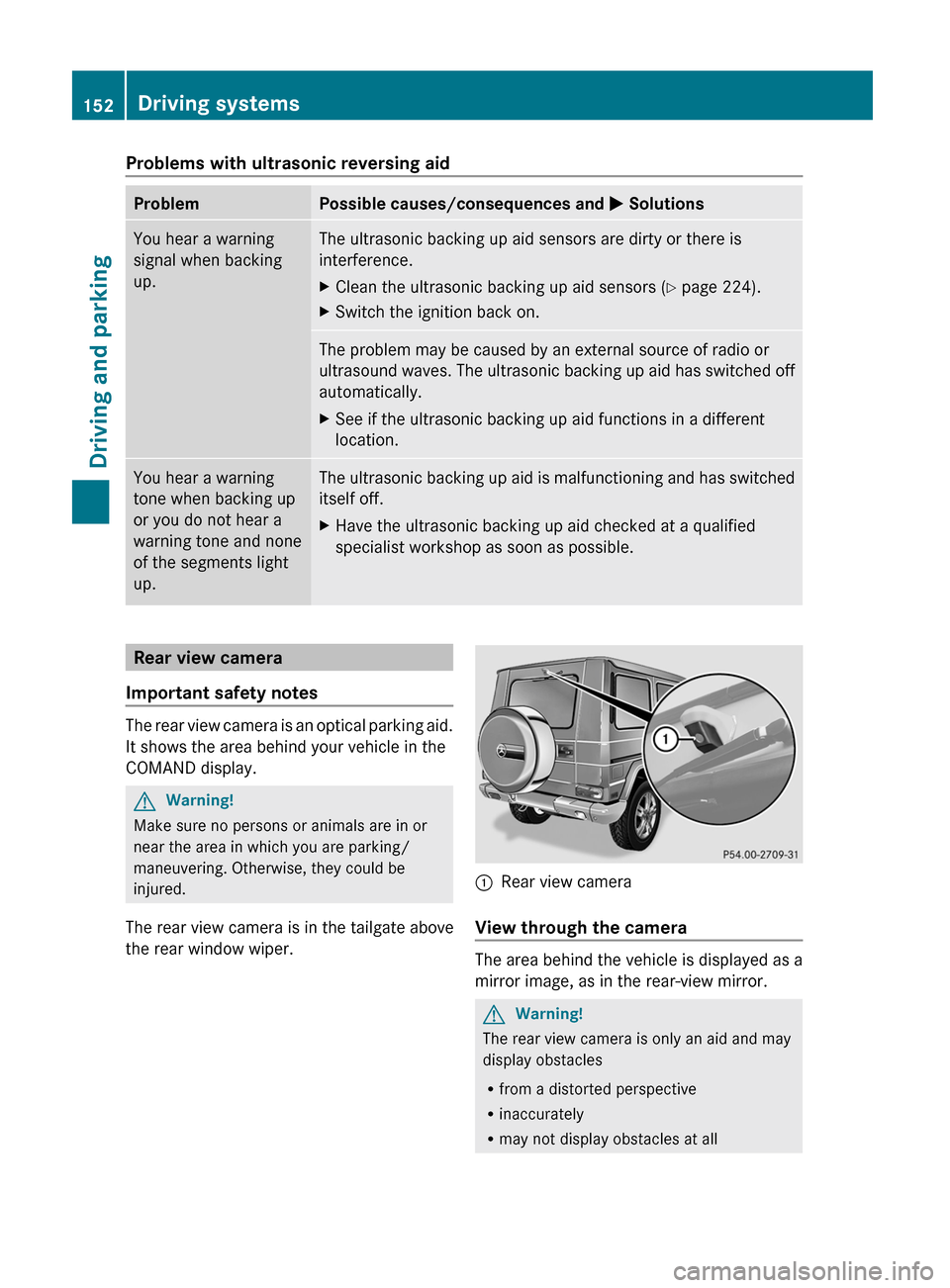 MERCEDES-BENZ G550 2011 W463 Owners Manual Problems with ultrasonic reversing aidProblemPossible causes/consequences and M SolutionsYou hear a warning
signal when backing
up.The ultrasonic backing up aid sensors are dirty or there is
interfere