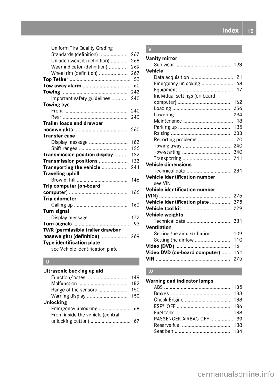 MERCEDES-BENZ G55AMG 2011 W463 User Guide Uniform Tire Quality Grading
Standards (definition) ....................267
Unladen weight (definition) ............268
Wear indicator (definition) .............269
Wheel rim (definition) ........ MERCEDES-BENZ G55AMG 2011 W463 User Guide Uniform Tire Quality Grading
Standards (definition) ....................267
Unladen weight (definition) ............268
Wear indicator (definition) .............269
Wheel rim (definition) ........