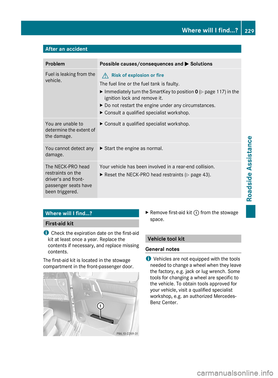 MERCEDES-BENZ G55AMG 2011 W463 Owners Manual After an accidentProblemPossible causes/consequences and M SolutionsFuel is leaking from the
vehicle.GRisk of explosion or fire
The fuel line or the fuel tank is faulty.
XImmediately turn the SmartKey MERCEDES-BENZ G55AMG 2011 W463 Owners Manual After an accidentProblemPossible causes/consequences and M SolutionsFuel is leaking from the
vehicle.GRisk of explosion or fire
The fuel line or the fuel tank is faulty.
XImmediately turn the SmartKey