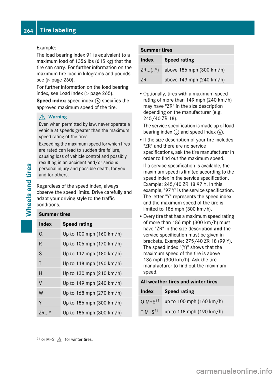 MERCEDES-BENZ G55AMG 2011 W463 Owners Manual Example:
The load bearing index 91 is equivalent to a
maximum load of 1356 lbs (615 kg) that the
tire can carry. For further information on the
maximum tire load in kilograms and pounds,
see ( Y page MERCEDES-BENZ G55AMG 2011 W463 Owners Manual Example:
The load bearing index 91 is equivalent to a
maximum load of 1356 lbs (615 kg) that the
tire can carry. For further information on the
maximum tire load in kilograms and pounds,
see ( Y page