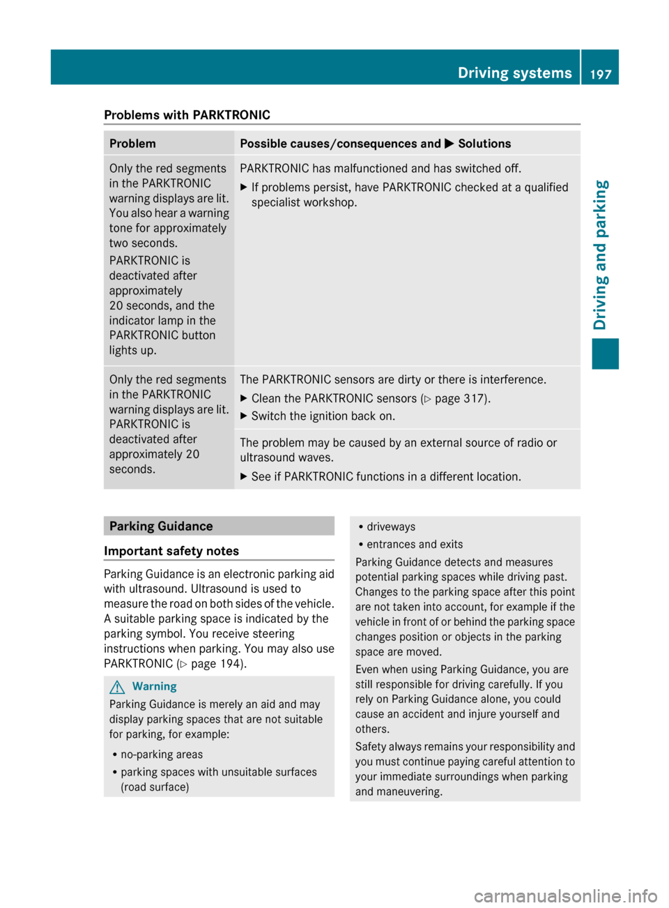 MERCEDES-BENZ E300 BLUETEC 2011 W212 Owners Manual Problems with PARKTRONICProblemPossible causes/consequences and M SolutionsOnly the red segments
in the PARKTRONIC
warning displays are lit.
You also hear a warning
tone for approximately
two seconds.