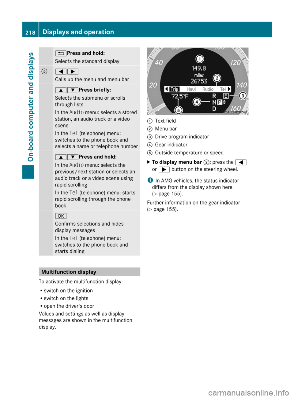 MERCEDES-BENZ E63AMG 2011 W212 Owners Manual %Press and hold:
Selects the standard displayA=;
Calls up the menu and menu bar9: Press briefly:
Selects the submenu or scrolls
through lists
In the Audio menu: selects a stored
station, an audio tra MERCEDES-BENZ E63AMG 2011 W212 Owners Manual %Press and hold:
Selects the standard displayA=;
Calls up the menu and menu bar9: Press briefly:
Selects the submenu or scrolls
through lists
In the Audio menu: selects a stored
station, an audio tra
