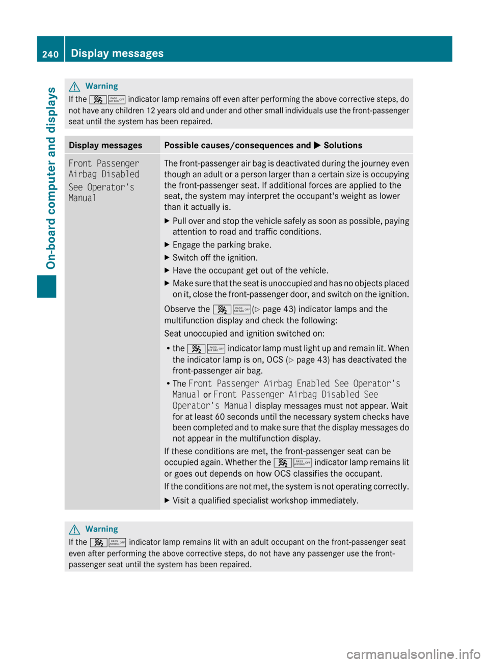 MERCEDES-BENZ E63AMG 2011 W212 Owners Manual GWarning
If the 45 indicator lamp remains off even after performing the above corrective steps, do
not have any children 12 years old and under and other small individuals use the front-passenger
sea MERCEDES-BENZ E63AMG 2011 W212 Owners Manual GWarning
If the 45 indicator lamp remains off even after performing the above corrective steps, do
not have any children 12 years old and under and other small individuals use the front-passenger
sea