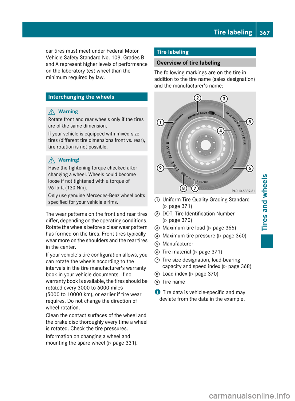 MERCEDES-BENZ E63AMG 2011 W212 Owners Manual car tires must meet under Federal Motor
Vehicle Safety Standard No. 109. Grades B
and A represent higher levels of performance
on the laboratory test wheel than the
minimum required by law.
Interchang MERCEDES-BENZ E63AMG 2011 W212 Owners Manual car tires must meet under Federal Motor
Vehicle Safety Standard No. 109. Grades B
and A represent higher levels of performance
on the laboratory test wheel than the
minimum required by law.
Interchang