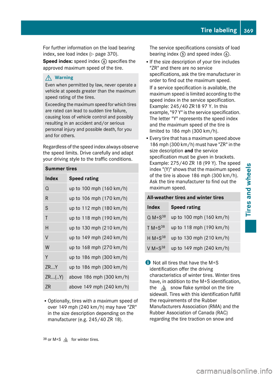 MERCEDES-BENZ E63AMG 2011 W212 Owners Manual For further information on the load bearing
index, see load index ( Y page 370).
Speed index: speed index B specifies the
approved maximum speed of the tire.GWarning
Even when permitted by law, never MERCEDES-BENZ E63AMG 2011 W212 Owners Manual For further information on the load bearing
index, see load index ( Y page 370).
Speed index: speed index B specifies the
approved maximum speed of the tire.GWarning
Even when permitted by law, never