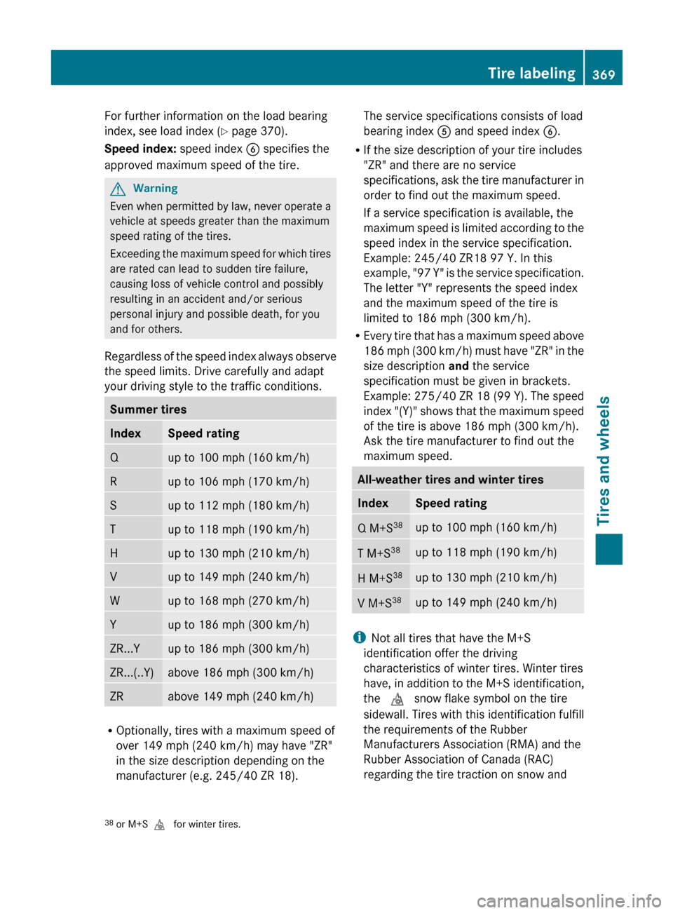 MERCEDES-BENZ E550 4MATIC 2011 W212 User Guide For further information on the load bearing
index, see load index ( Y page 370).
Speed index:  speed index B specifies the
approved maximum speed of the tire.GWarning
Even when permitted by law, never