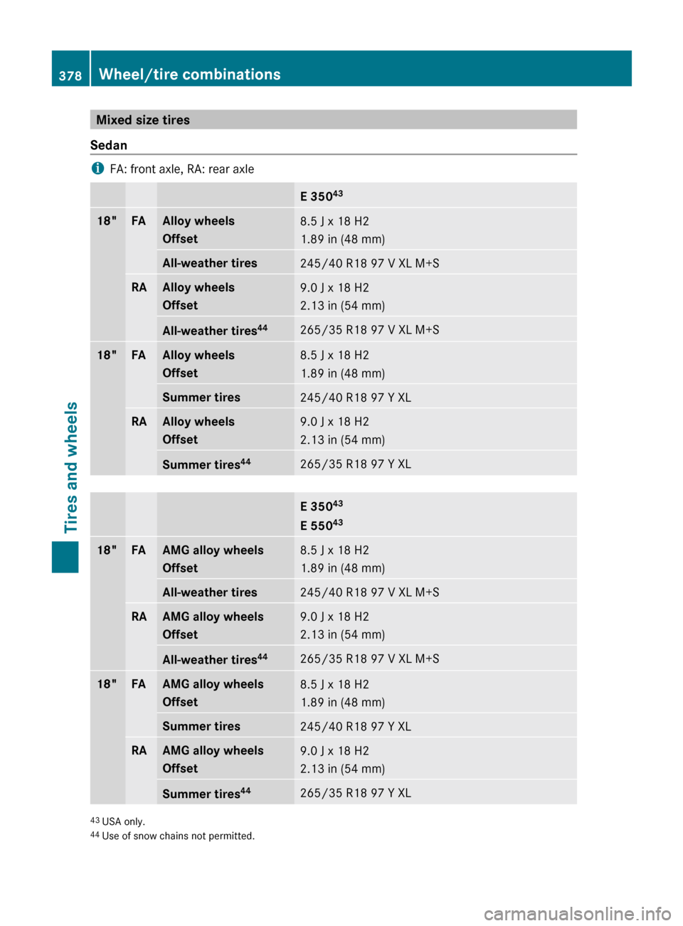 MERCEDES-BENZ E350 4MATIC 2011 W212 Workshop Manual Mixed size tires
Sedan
i FA: front axle, RA: rear axle
E 350 4318"FAAlloy wheels
Offset8.5 J x 18 H2
1.89 in (48 mm)All-weather tires245/40 R18 97 V XL M+SRAAlloy wheels
Offset9.0 J x 18 H2
2.13 in (5
