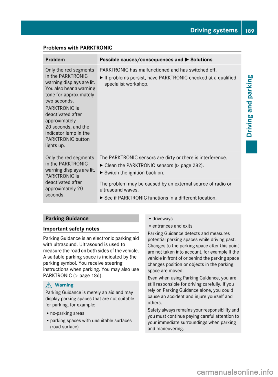 MERCEDES-BENZ E-Class COUPE 2011 C207 Owners Manual Problems with PARKTRONICProblemPossible causes/consequences and M SolutionsOnly the red segments
in the PARKTRONIC
warning displays are lit.
You also hear a warning
tone for approximately
two seconds.