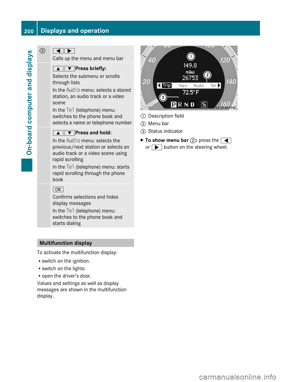 MERCEDES-BENZ E-Class COUPE 2011 C207 Owners Manual A=;
Calls up the menu and menu bar9: Press briefly:
Selects the submenu or scrolls
through lists
In the  Audio menu: selects a stored
station, an audio track or a video
scene
In the  Tel (telephone) m