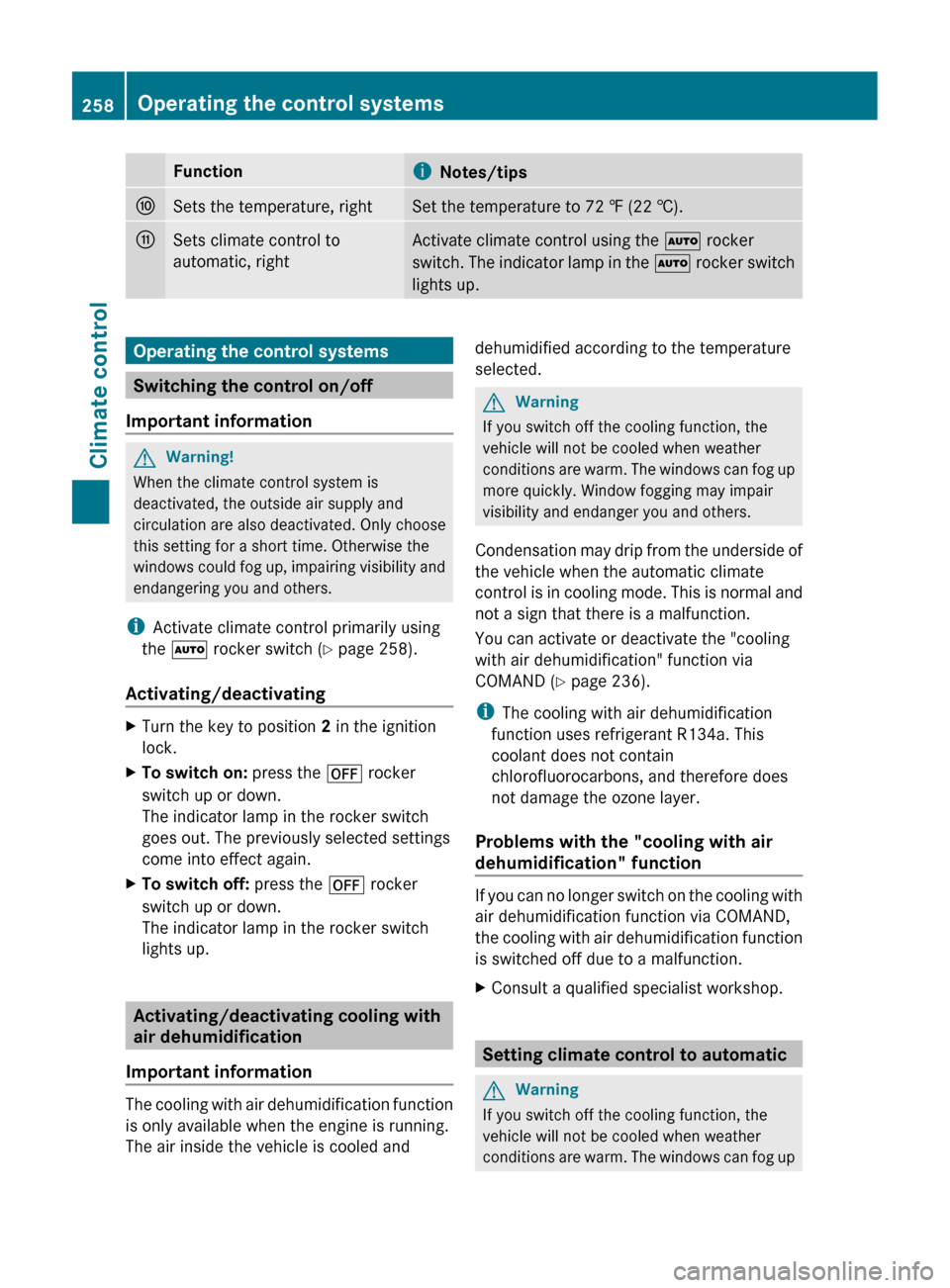 MERCEDES-BENZ CL-Class 2011 C216 Owners Manual FunctioniNotes/tipsFSets the temperature, rightSet the temperature to 72 ‡ (22 †).GSets climate control to
automatic, rightActivate climate control using the  Ã rocker
switch. The indicator lamp 