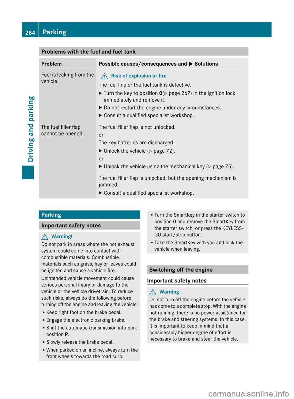 MERCEDES-BENZ CL-Class 2011 C216 Owners Guide Problems with the fuel and fuel tankProblemPossible causes/consequences and M SolutionsFuel is leaking from the
vehicle.GRisk of explosion or fire
The fuel line or the fuel tank is defective.
XTurn th MERCEDES-BENZ CL-Class 2011 C216 Owners Guide Problems with the fuel and fuel tankProblemPossible causes/consequences and M SolutionsFuel is leaking from the
vehicle.GRisk of explosion or fire
The fuel line or the fuel tank is defective.
XTurn th