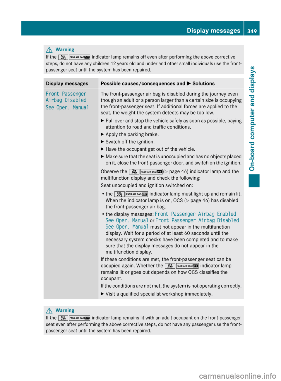 MERCEDES-BENZ CL-Class 2011 C216 Owners Manual GWarning
If the 42 indicator lamp remains off even after performing the above corrective
steps, do not have any children 12 years old and under and other small individuals use the front-
passenger se MERCEDES-BENZ CL-Class 2011 C216 Owners Manual GWarning
If the 42 indicator lamp remains off even after performing the above corrective
steps, do not have any children 12 years old and under and other small individuals use the front-
passenger se