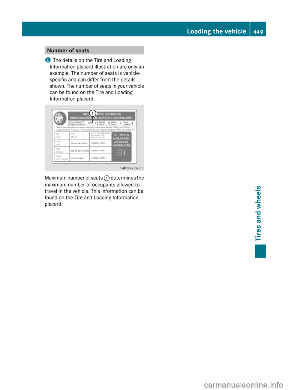 MERCEDES-BENZ CL-Class 2011 C216 Owners Manual Number of seats
i The details on the Tire and Loading
Information placard illustration are only an
example. The number of seats is vehicle-
specific and can differ from the details
shown. The number o MERCEDES-BENZ CL-Class 2011 C216 Owners Manual Number of seats
i The details on the Tire and Loading
Information placard illustration are only an
example. The number of seats is vehicle-
specific and can differ from the details
shown. The number o