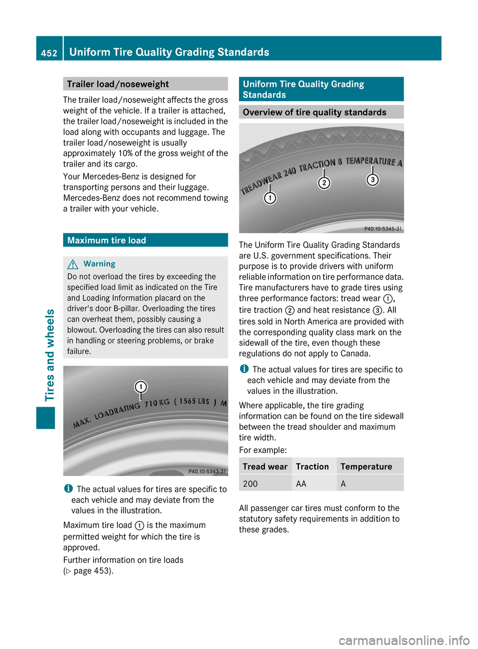 MERCEDES-BENZ CL-Class 2011 C216 Owners Manual Trailer load/noseweight
The trailer load/noseweight affects the gross
weight of the vehicle. If a trailer is attached,
the trailer load/noseweight is included in the
load along with occupants and lugg MERCEDES-BENZ CL-Class 2011 C216 Owners Manual Trailer load/noseweight
The trailer load/noseweight affects the gross
weight of the vehicle. If a trailer is attached,
the trailer load/noseweight is included in the
load along with occupants and lugg