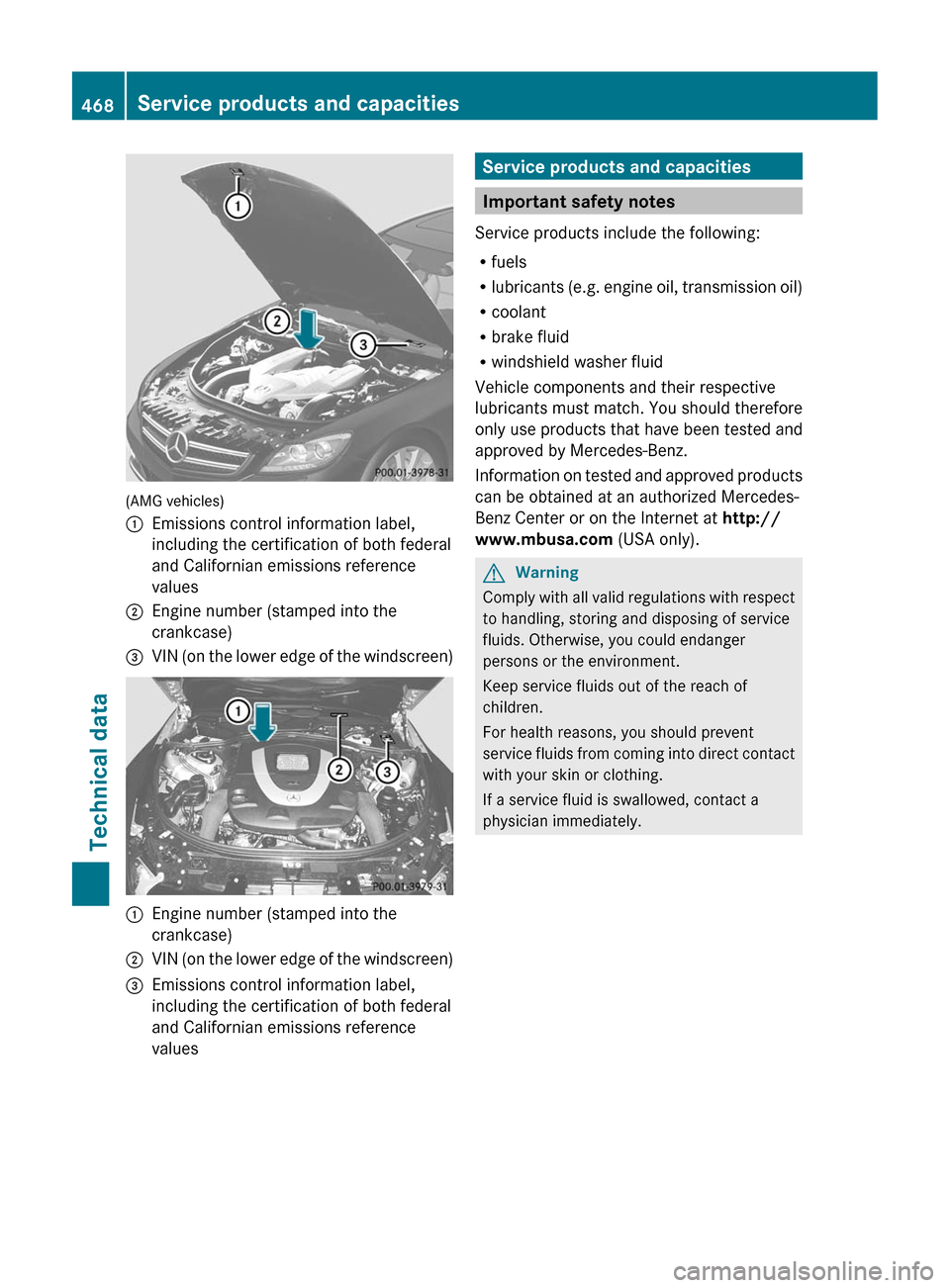 MERCEDES-BENZ CL-Class 2011 C216 Owners Manual (AMG vehicles)
:Emissions control information label,
including the certification of both federal
and Californian emissions reference
values
;Engine number (stamped into the
crankcase)
=VIN (on the low