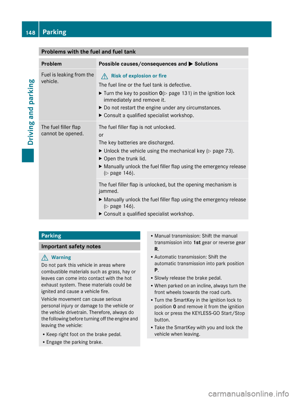 MERCEDES-BENZ C-Class 2011 W204 Owners Manual Problems with the fuel and fuel tankProblemPossible causes/consequences and M SolutionsFuel is leaking from the
vehicle.GRisk of explosion or fire
The fuel line or the fuel tank is defective.
XTurn th MERCEDES-BENZ C-Class 2011 W204 Owners Manual Problems with the fuel and fuel tankProblemPossible causes/consequences and M SolutionsFuel is leaking from the
vehicle.GRisk of explosion or fire
The fuel line or the fuel tank is defective.
XTurn th