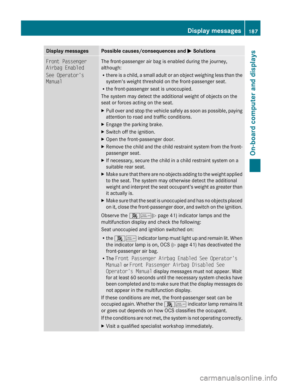 MERCEDES-BENZ C-Class 2011 W204 Owners Manual Display messagesPossible causes/consequences and M SolutionsFront Passenger 
Airbag Enabled
See Operators 
ManualThe front-passenger air bag is enabled during the journey,
although:
R there is a chil