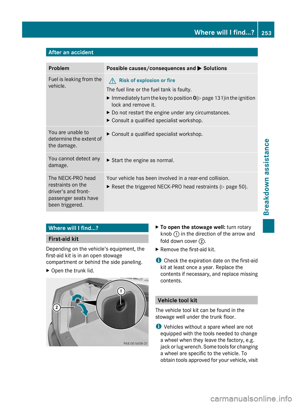 MERCEDES-BENZ C-Class 2011 W204 Owners Manual After an accidentProblemPossible causes/consequences and M SolutionsFuel is leaking from the
vehicle.
GRisk of explosion or fire
The fuel line or the fuel tank is faulty.
XImmediately turn the key to 