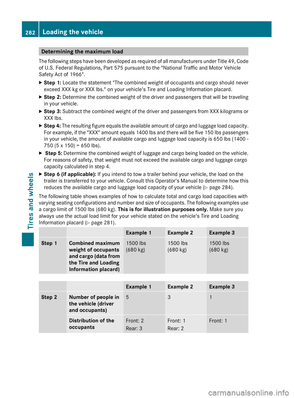 MERCEDES-BENZ C-Class 2011 W204 Owners Manual Determining the maximum load
The following steps have been developed as required of all manufacturers under Title 49, Code
of U.S. Federal Regulations, Part 575 pursuant to the "National Traffic and M