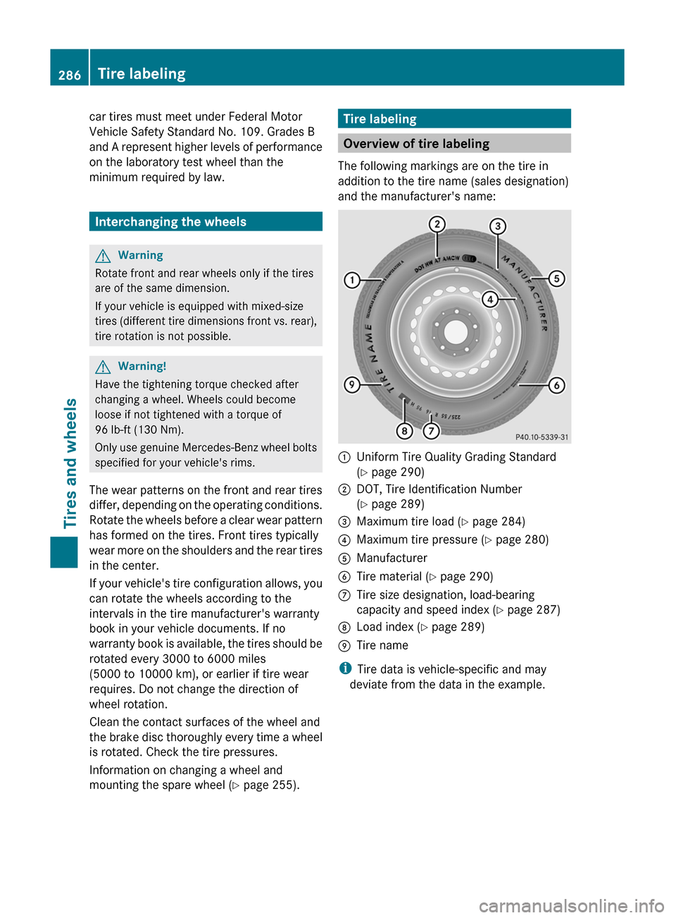 MERCEDES-BENZ C-Class 2011 W204 Owners Manual car tires must meet under Federal Motor
Vehicle Safety Standard No. 109. Grades B
and A represent higher levels of performance
on the laboratory test wheel than the
minimum required by law.
Interchang MERCEDES-BENZ C-Class 2011 W204 Owners Manual car tires must meet under Federal Motor
Vehicle Safety Standard No. 109. Grades B
and A represent higher levels of performance
on the laboratory test wheel than the
minimum required by law.
Interchang